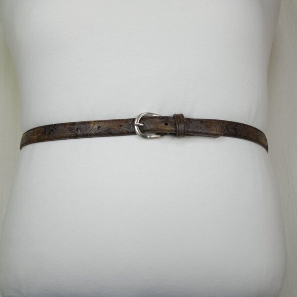 Brown Embossed Leather Belt With Floral Design & Silver Buckle Size 14 - Picture 1 of 12
